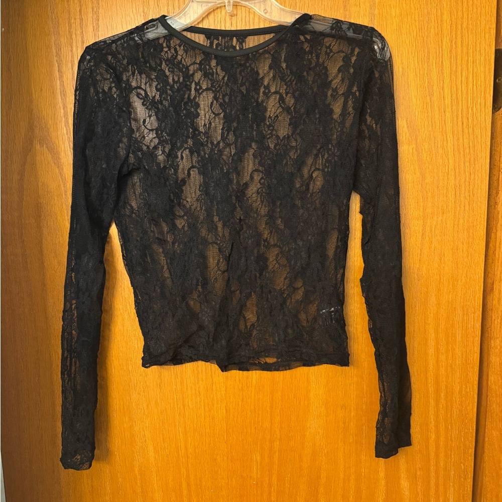 SHEIN Black Sheer Lace Long-Sleeve Layering Top